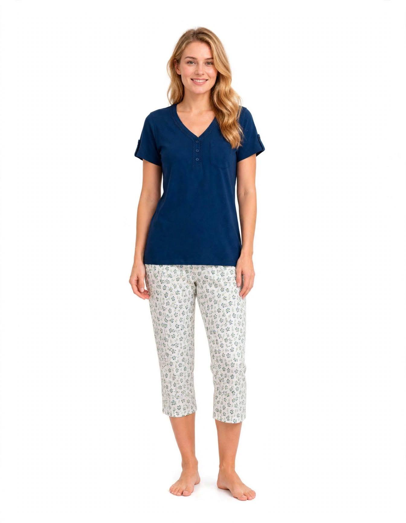 Pijama algodón polera con botones y capri estampado florcitas 262598-0