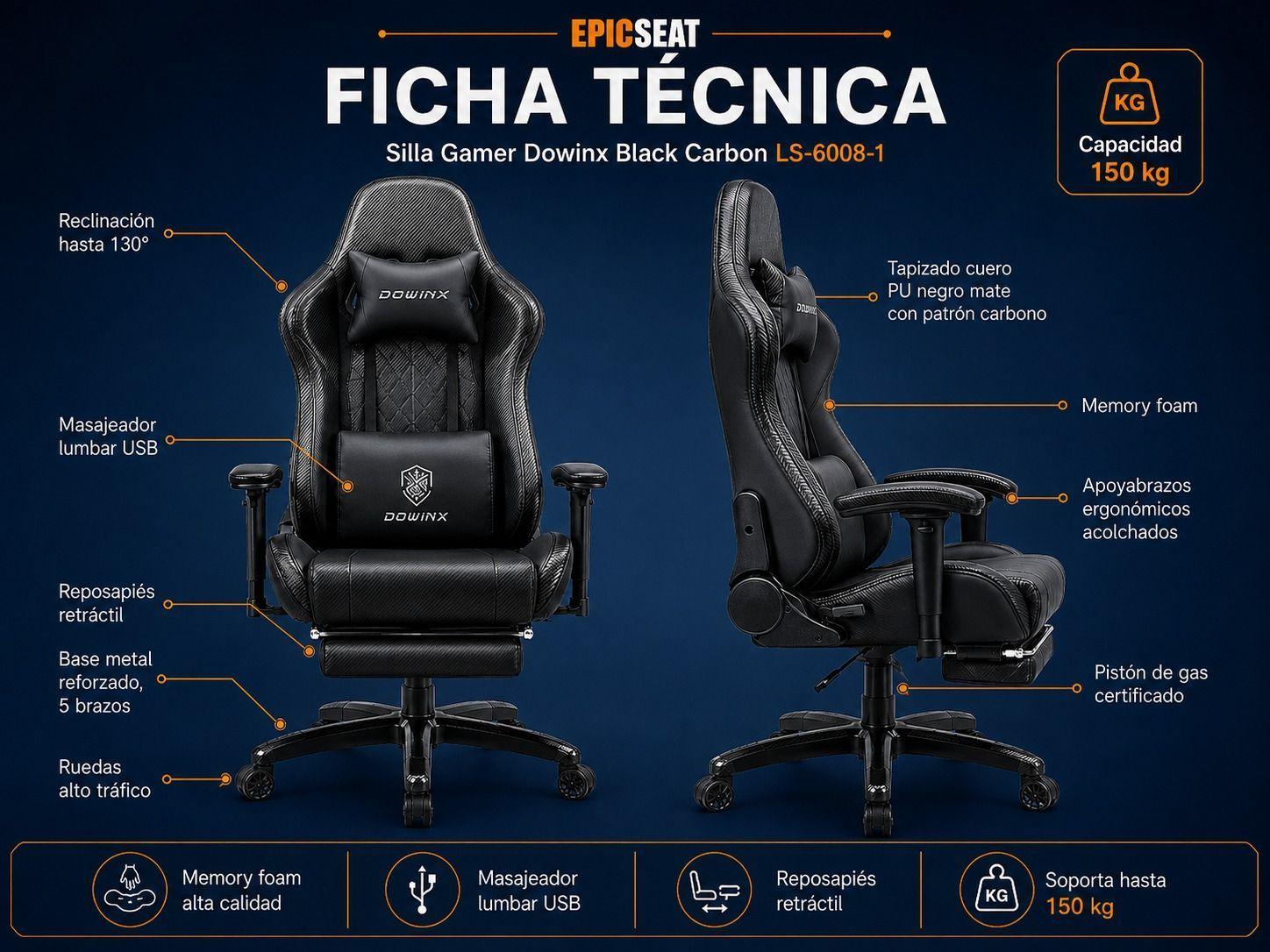 Silla Gamer Dowinx BLACK CARBÓN Con Masajeador Lumbar-3
