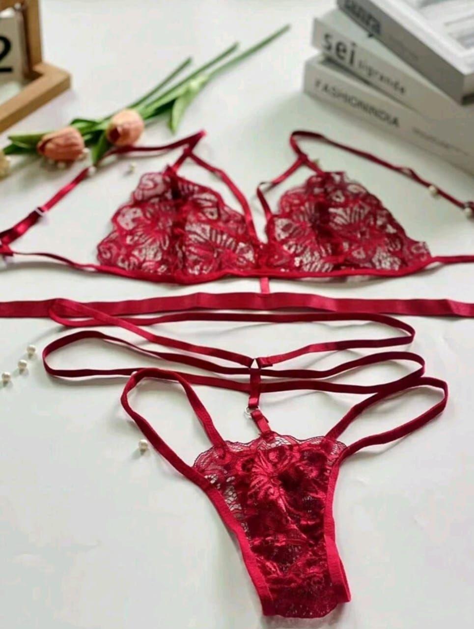 Conjunto De Lencería Sexy De Encaje Con División De Arnes-2