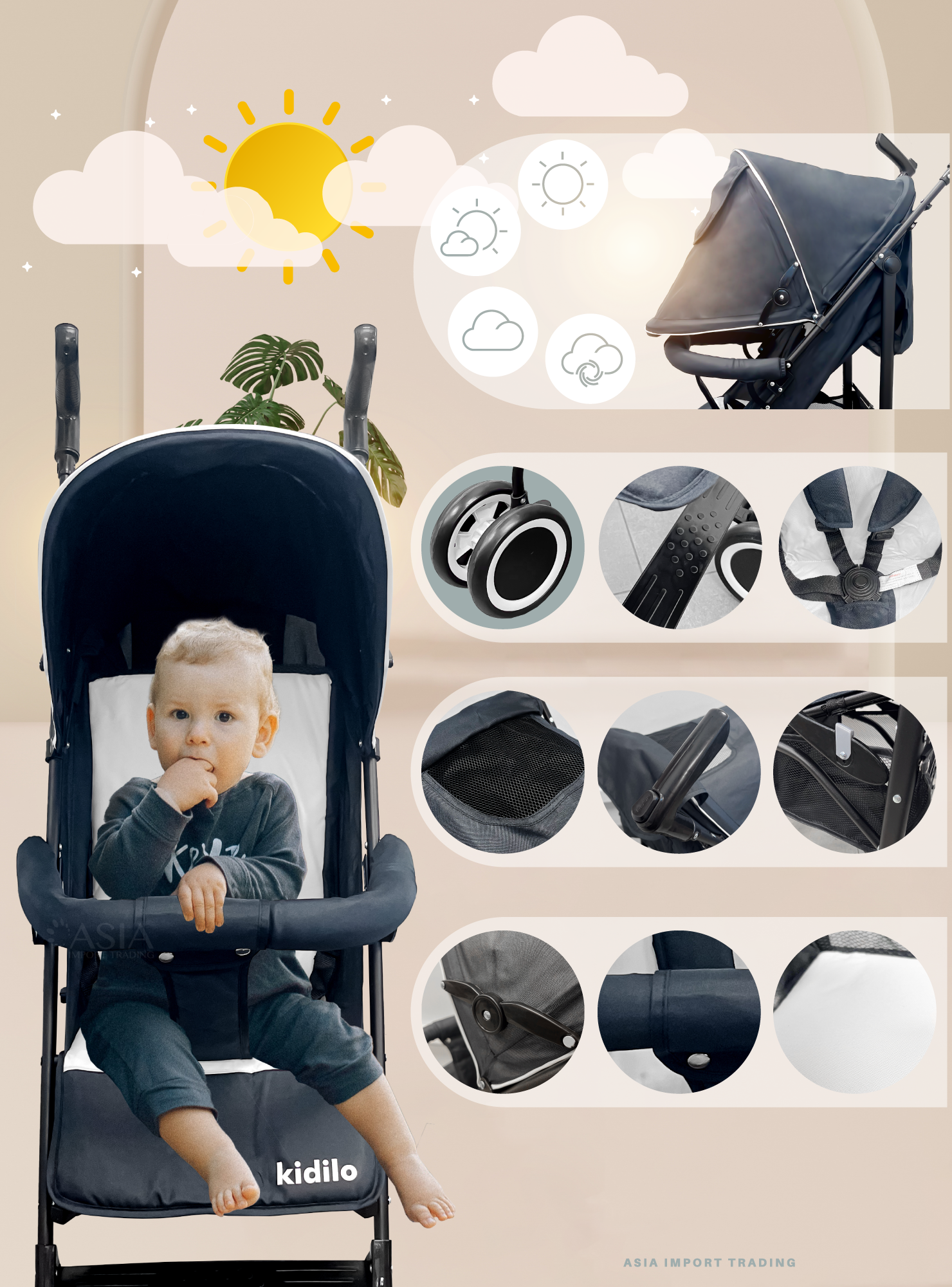 Coche Paseo Bebé Plegable Kidstar Azul Toldo Extensible-2