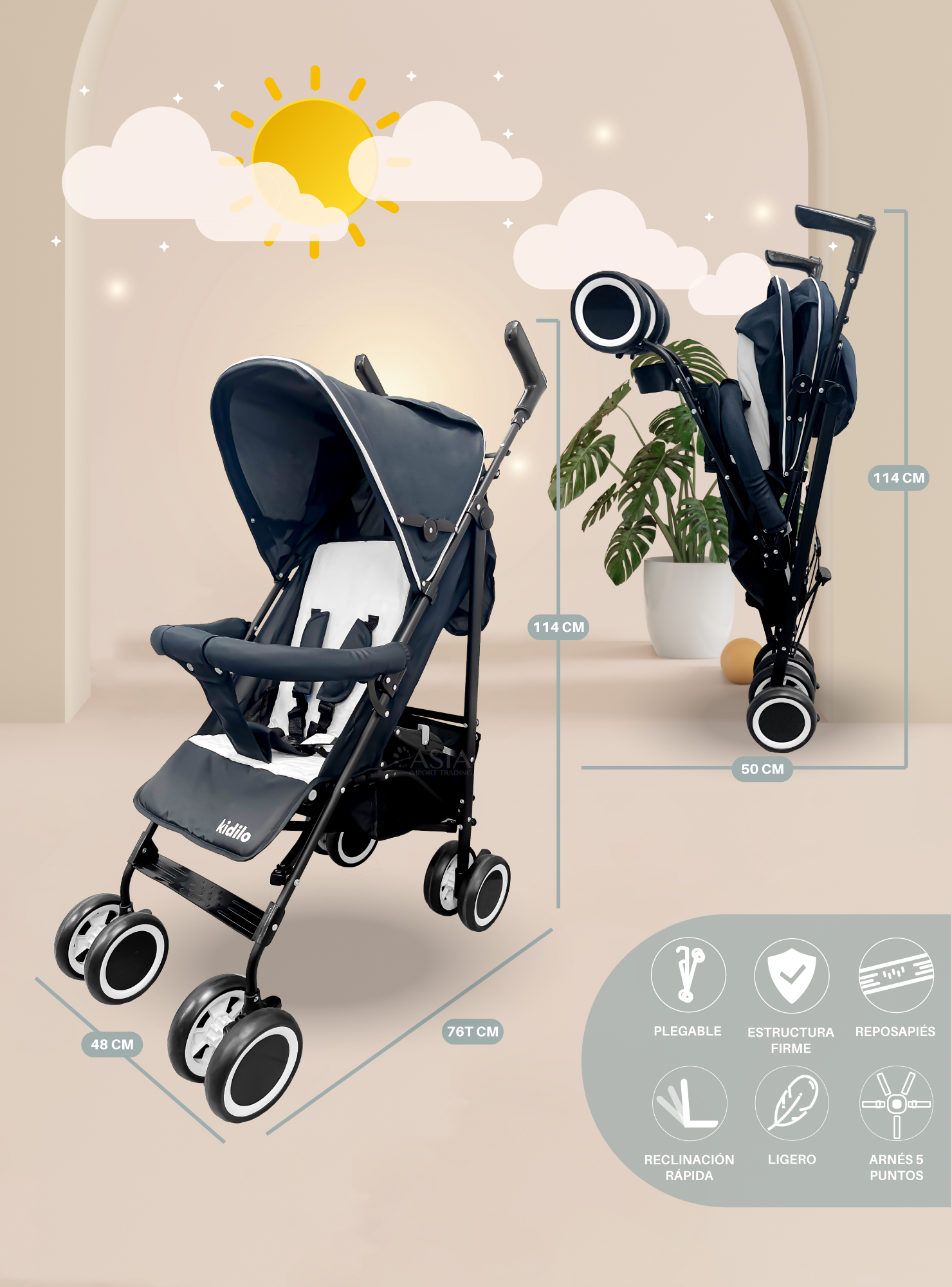 Coche Paseo Bebé Plegable Kidstar Azul Toldo Extensible-3