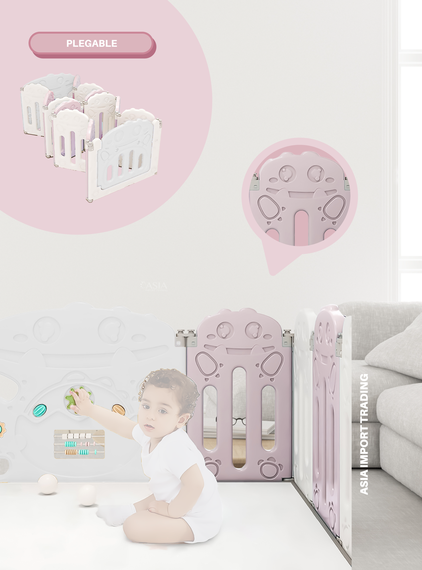 Corral para bebe modelo 10+2 paneles rosado-3