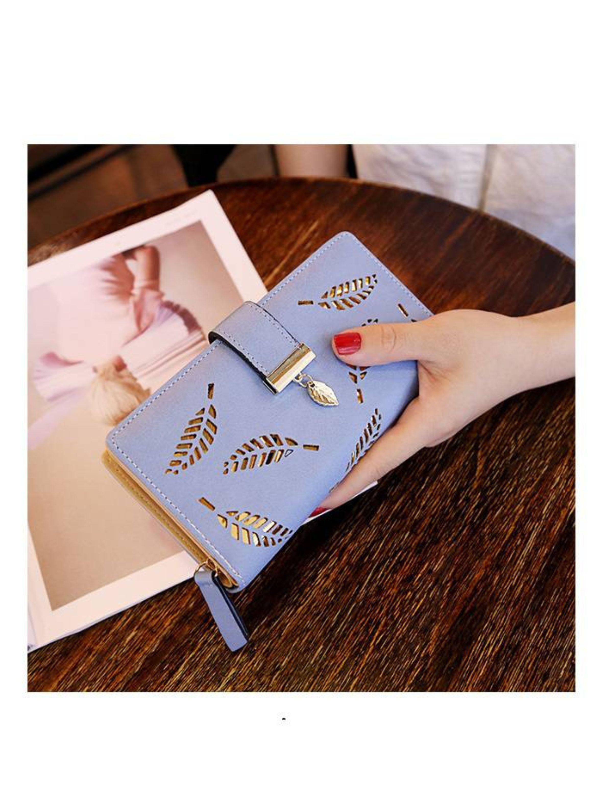 Billetera Cartera Hojas Para Mujer Celeste-3