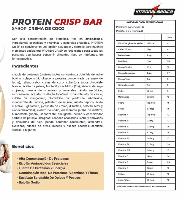 CAJA BARRAS DE PROTEÍNA CRISP INTEGRALMÉDICA - 12 UN - CREMA DE COCO-1