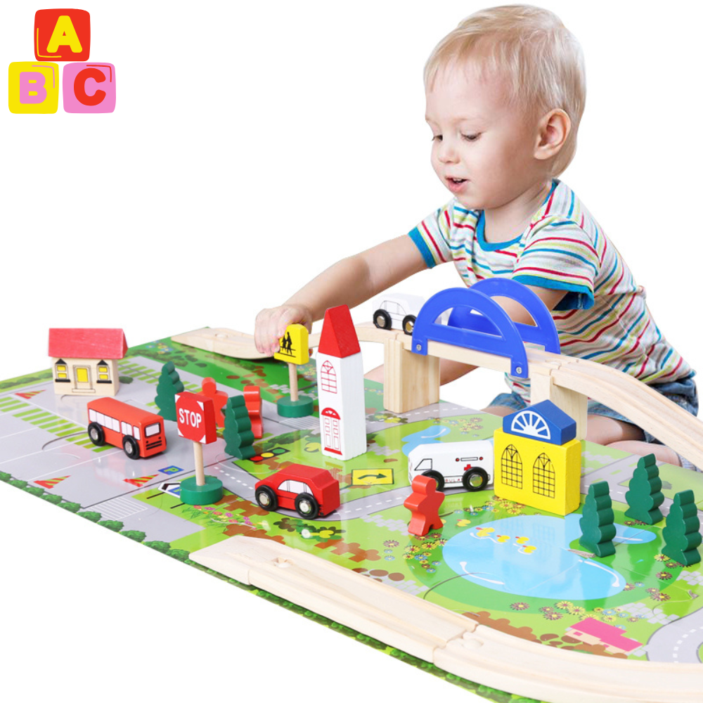 Pista Mini Ciudad con Tren de Madera y Alfombra de juego-0