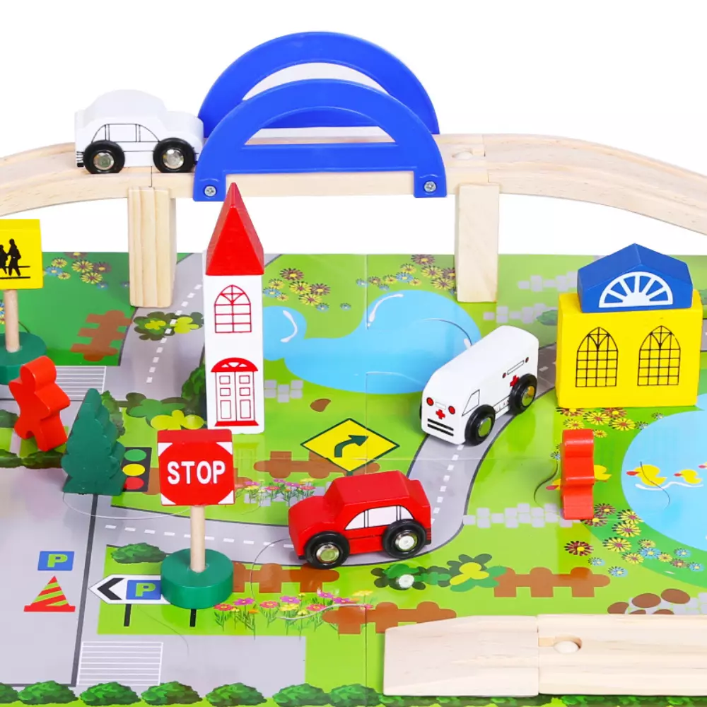 Pista Mini Ciudad con Tren de Madera y Alfombra de juego-1