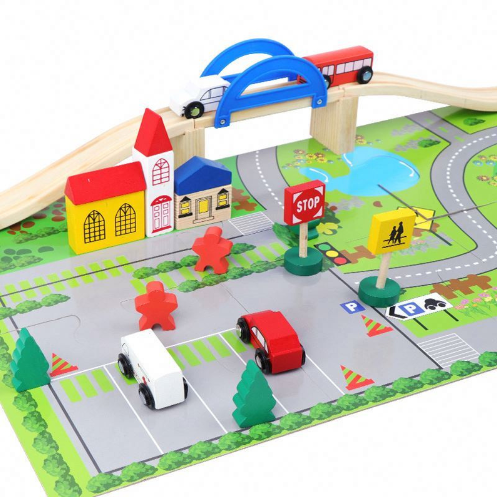 Pista Mini Ciudad con Tren de Madera y Alfombra de juego-2