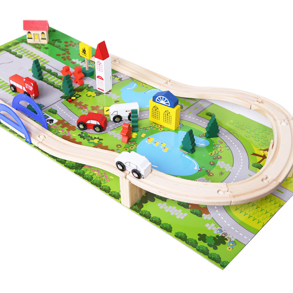 Pista Mini Ciudad con Tren de Madera y Alfombra de juego-3