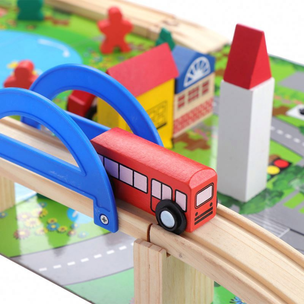 Pista Mini Ciudad con Tren de Madera y Alfombra de juego-4