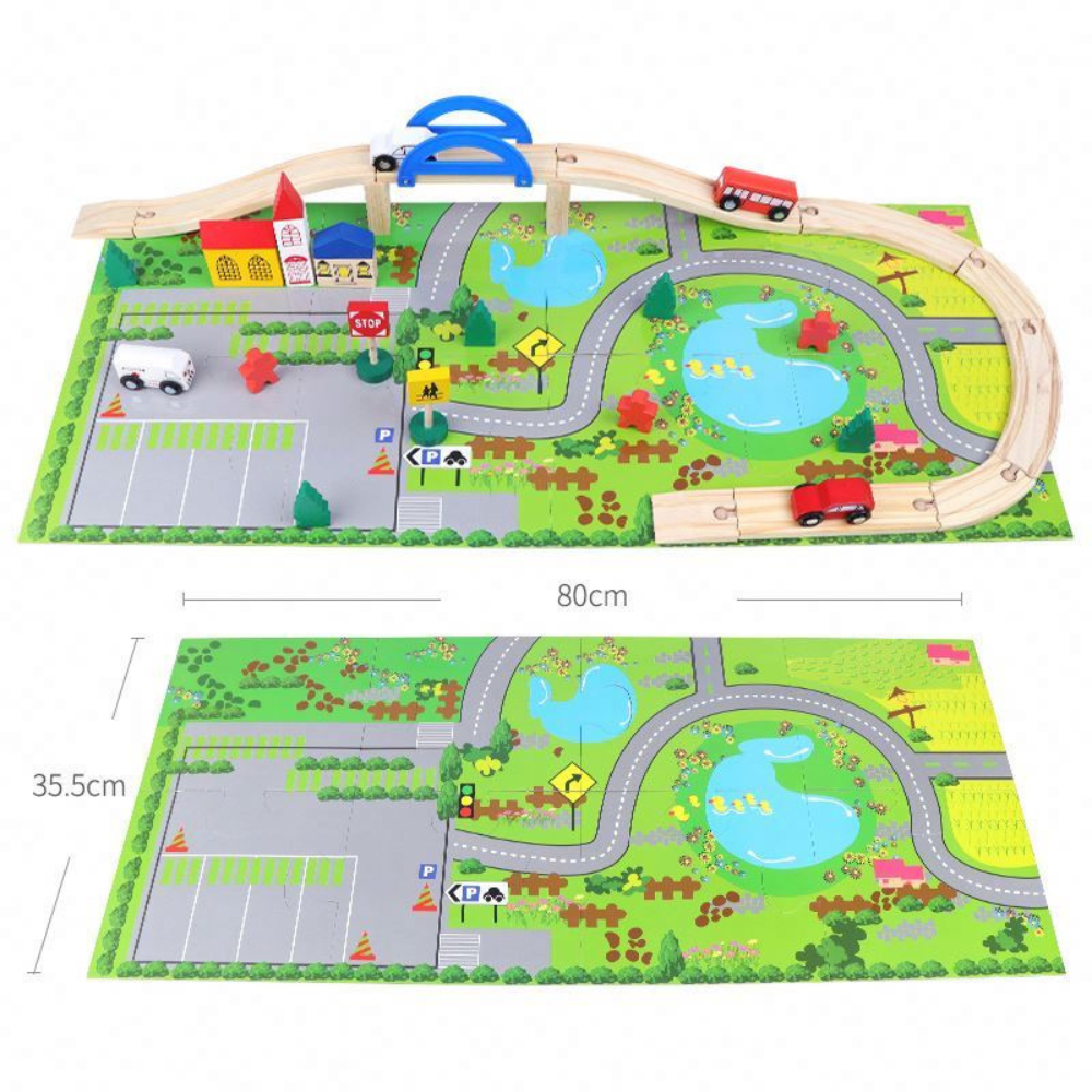 Pista Mini Ciudad con Tren de Madera y Alfombra de juego-6