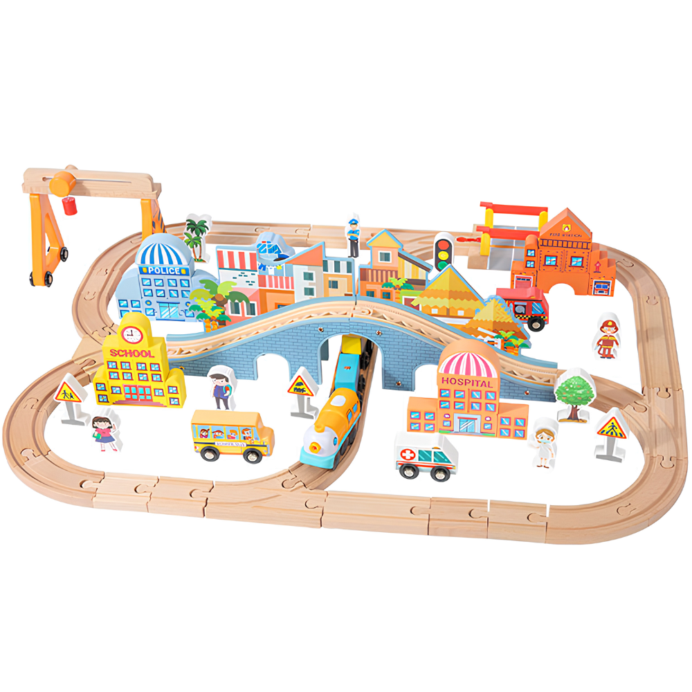 Set Tren de Madera Infantil 90 Piezas con Pistas Ciudad 70cm-0