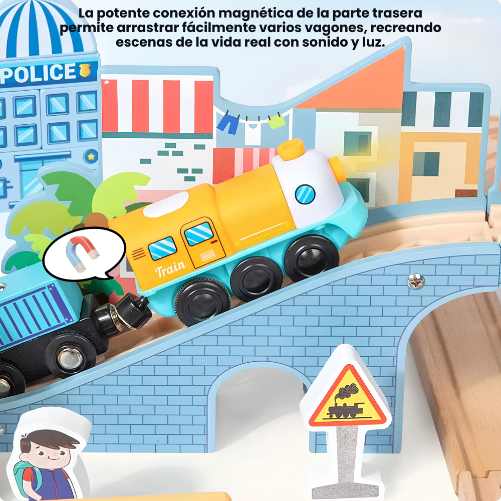 Set Tren de Madera Infantil 90 Piezas con Pistas Ciudad 70cm-4