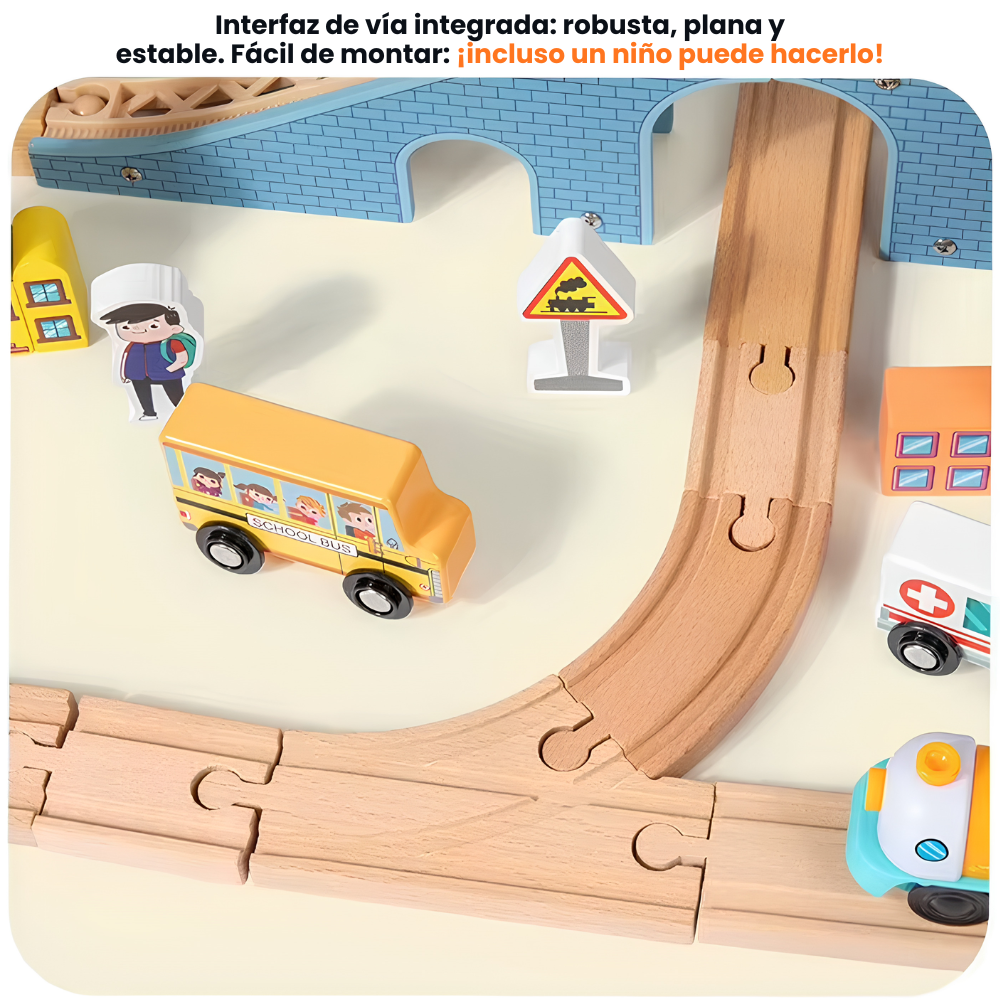 Set Tren de Madera Infantil 90 Piezas con Pistas Ciudad 70cm-5