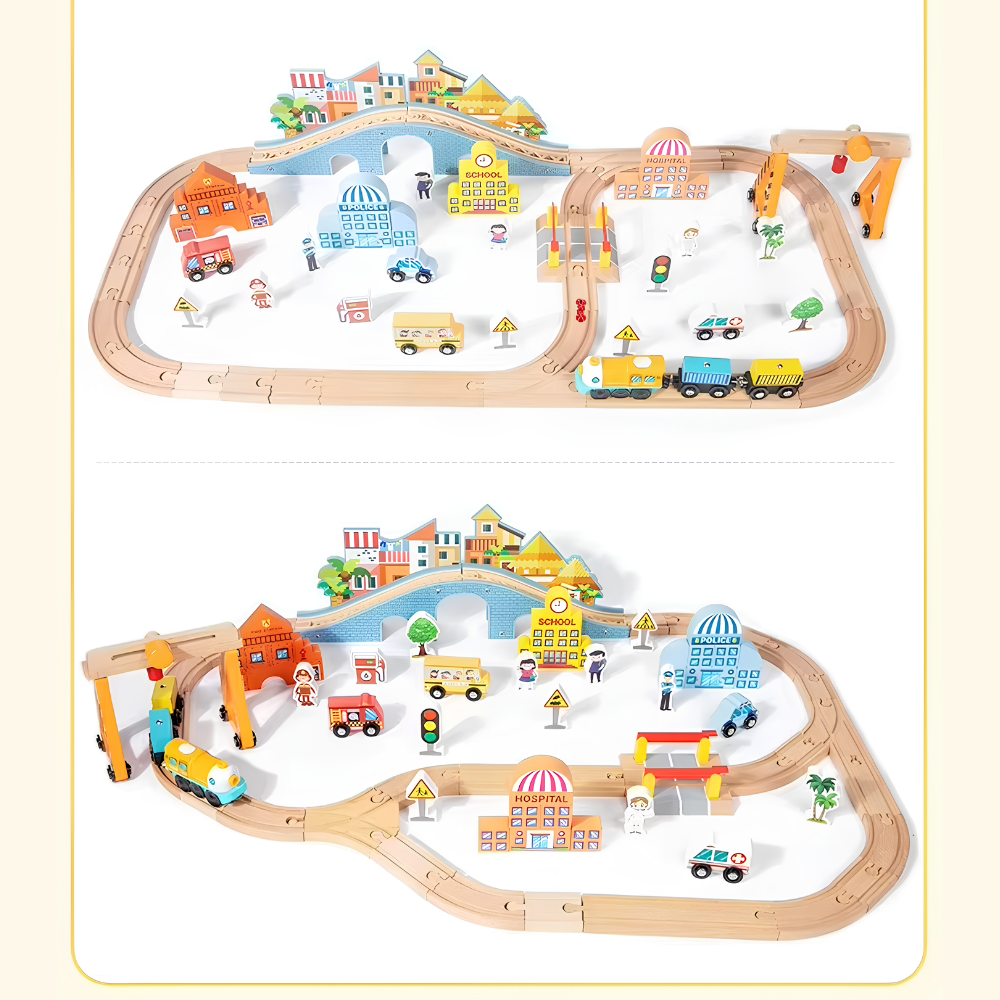 Set Tren de Madera Infantil 90 Piezas con Pistas Ciudad 70cm-6