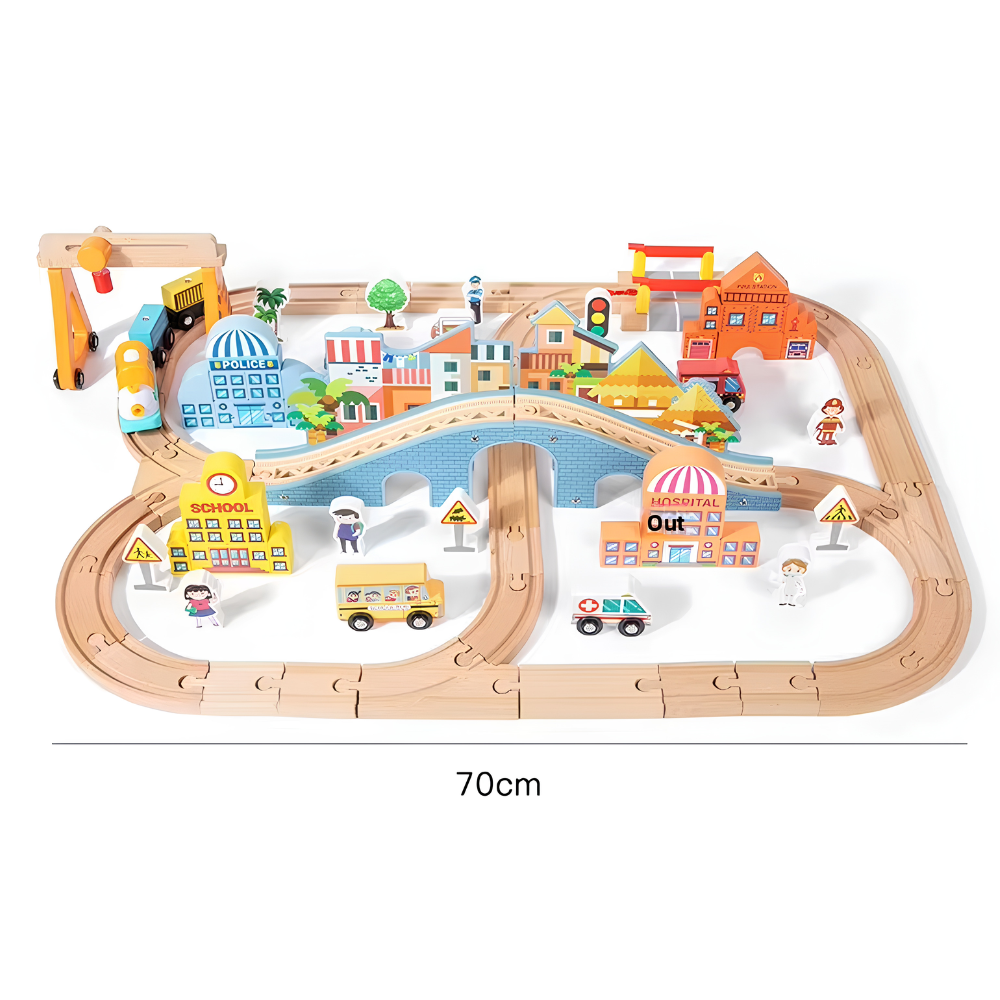Set Tren de Madera Infantil 90 Piezas con Pistas Ciudad 70cm-7