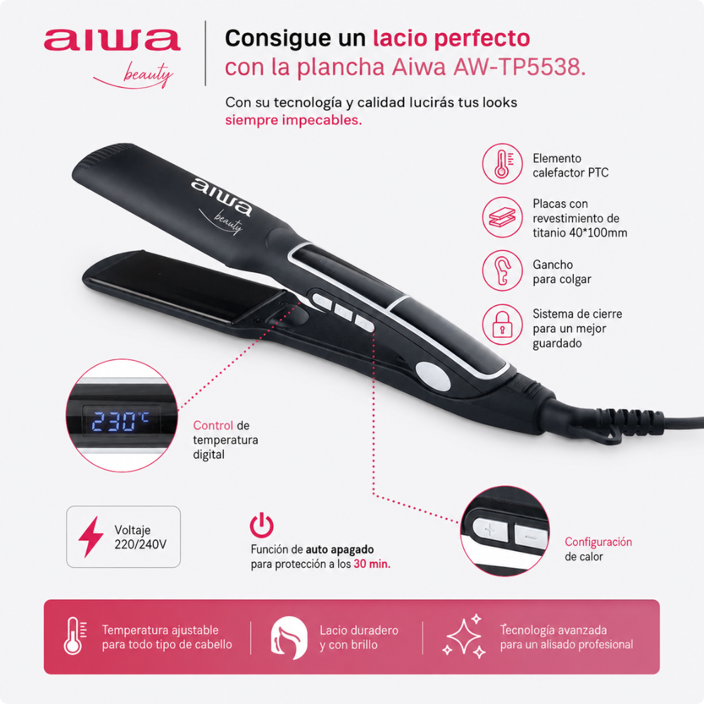 Plancha Alisadora de Cabello AIWA AW TP5538 Placas de Titanio Digital-3