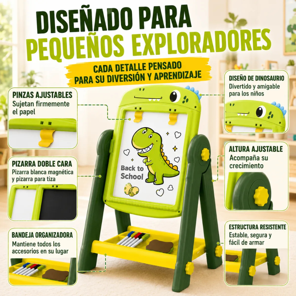 Pizarra de Dibujo Infantil 2 en 1 360 Accesorios DINOSAURIO-4
