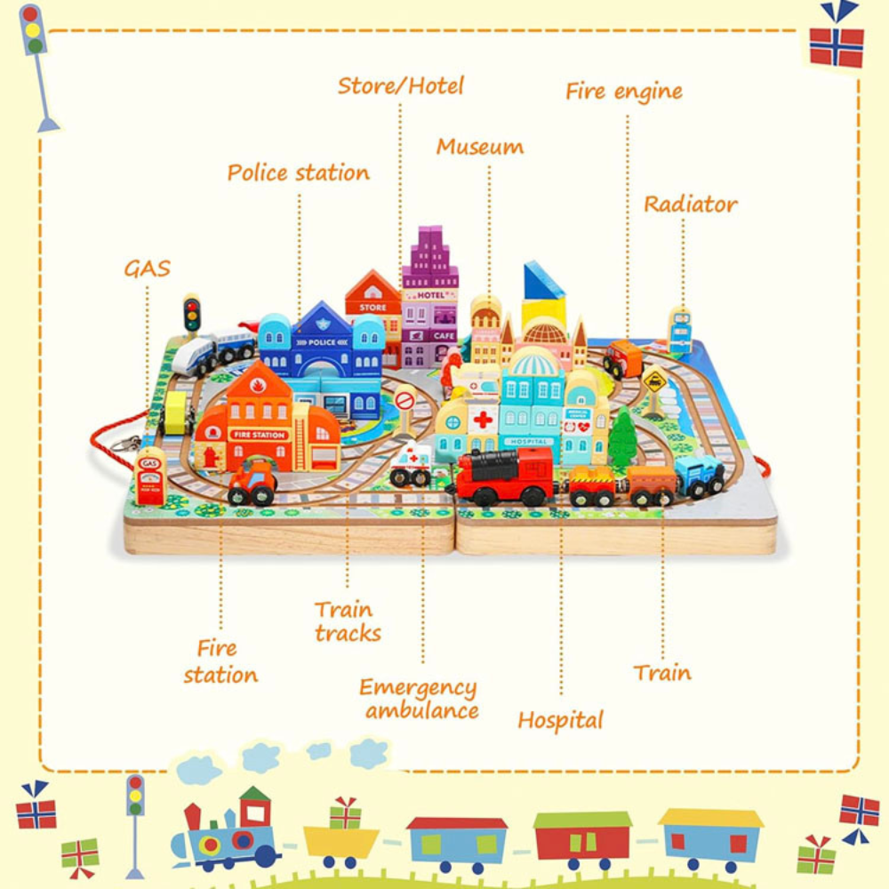 Pista de Tren Ciudad con Malet n Port til de Madera Educativo-3