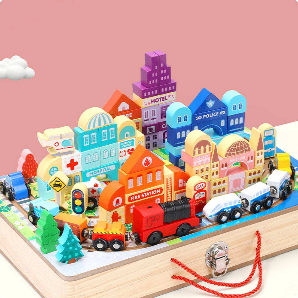Pista de Tren Ciudad con Malet n Port til de Madera Educativo-4