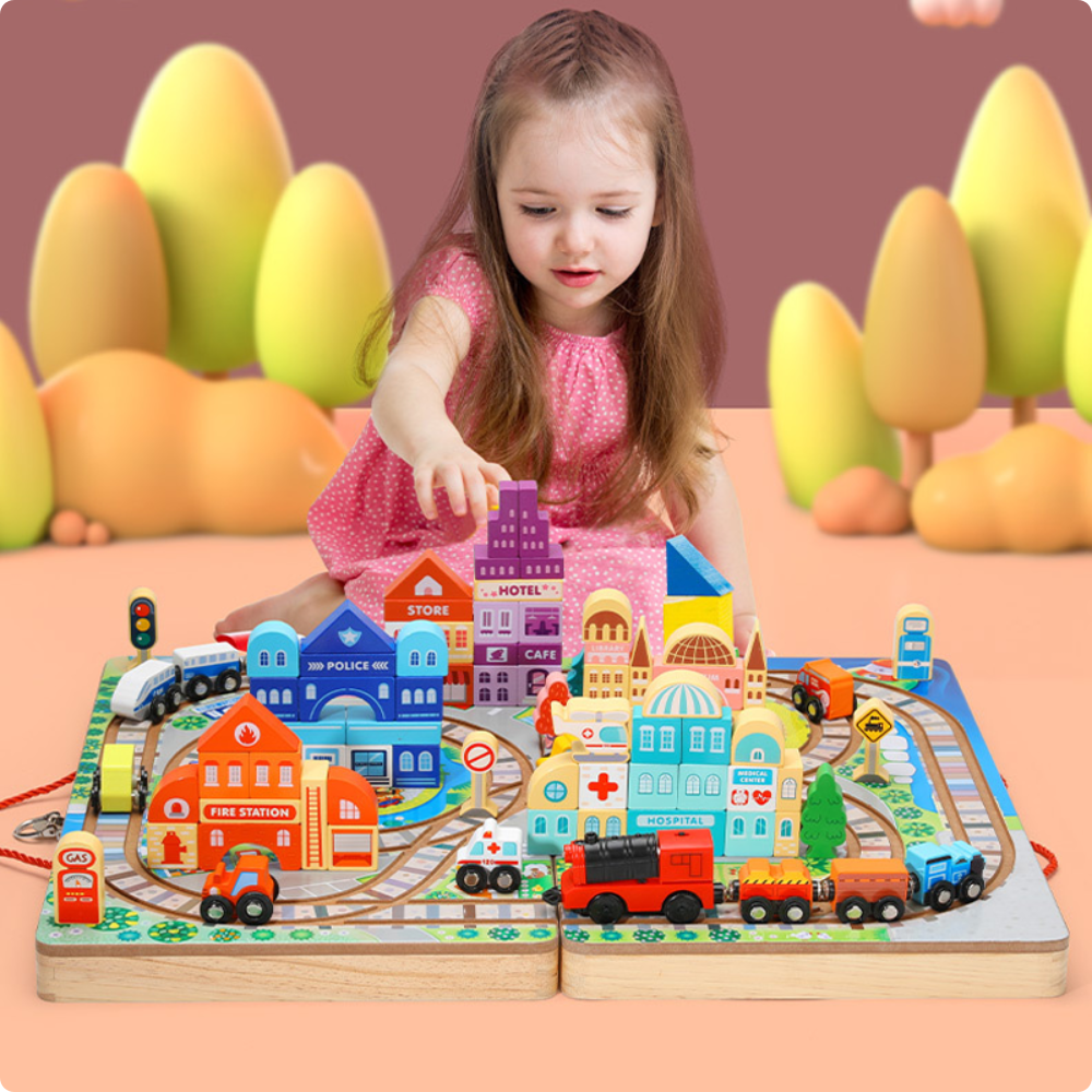 Pista de Tren Ciudad con Malet n Port til de Madera Educativo-5