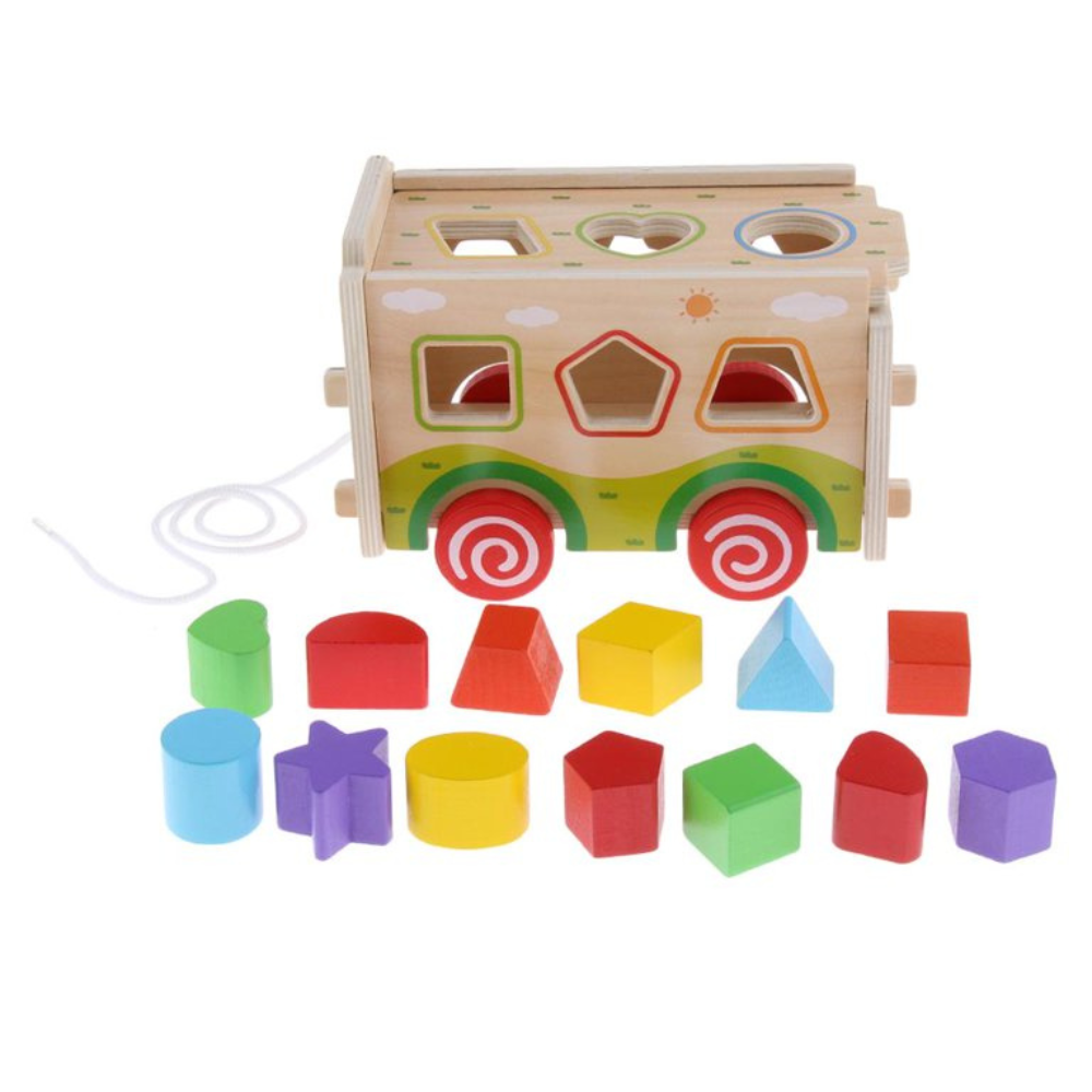 Bus Clasificador de Figuras Juguete de Arrastre de Madera-2