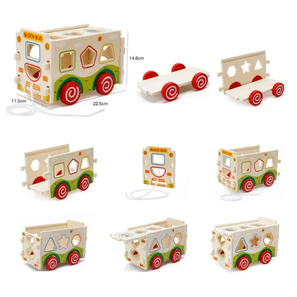 Bus Clasificador de Figuras Juguete de Arrastre de Madera-3