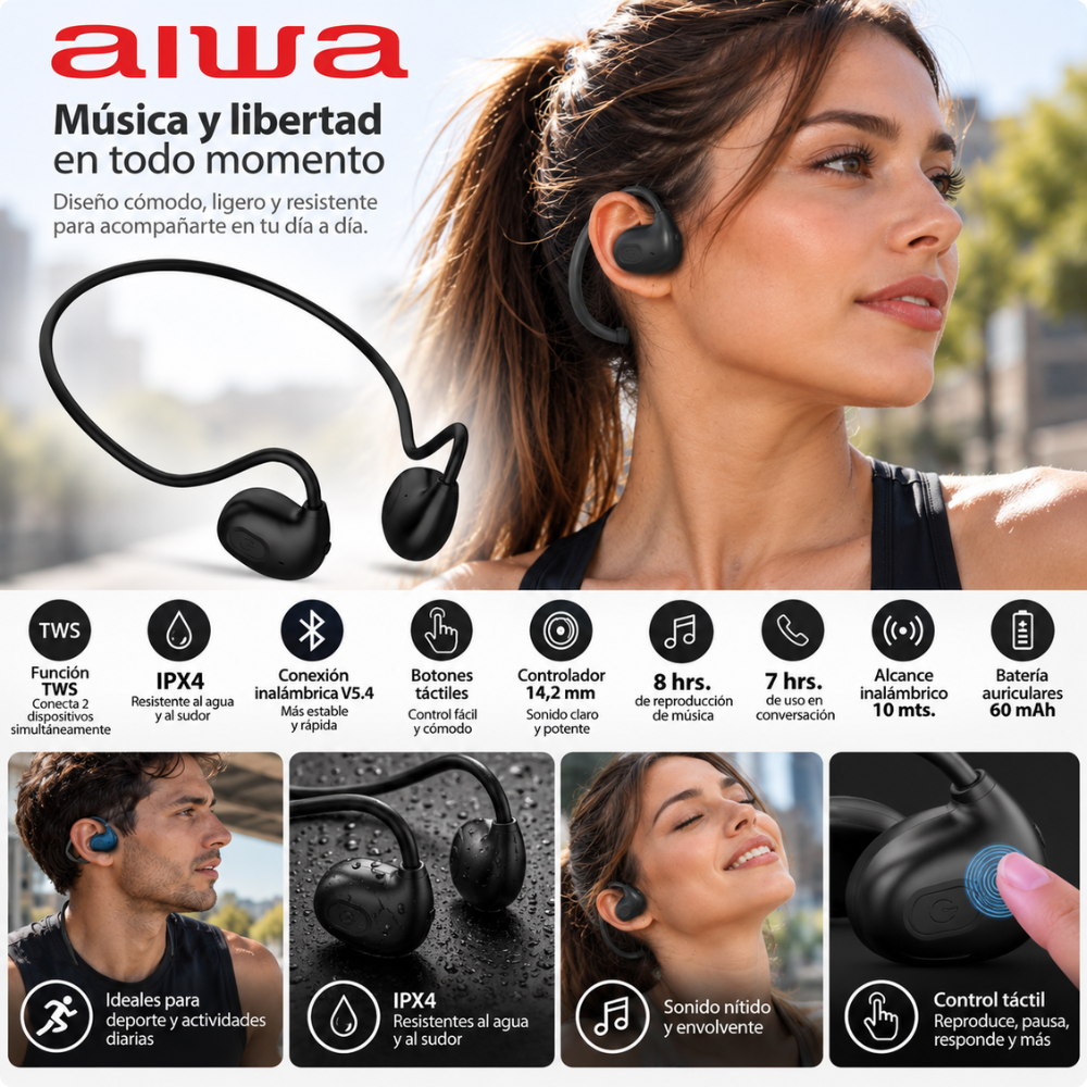 Aud fonos Deportivos Bluetooth AIWA AWGSPORT 8H IPX4-4