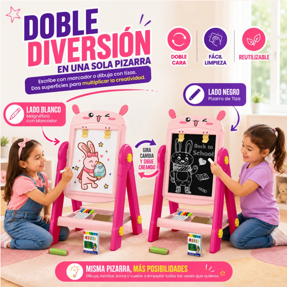 Pizarra de Dibujo Infantil 2 en 1 360 Accesorios CONEJITO-6