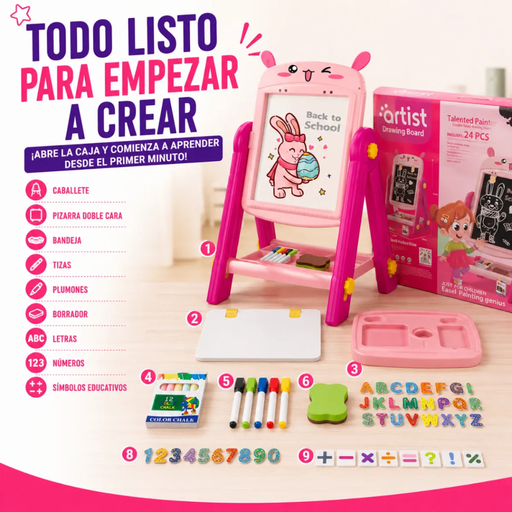 Pizarra de Dibujo Infantil 2 en 1 360 Accesorios CONEJITO-9