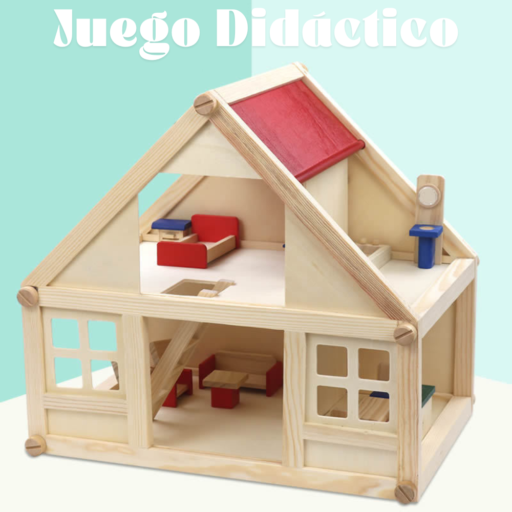 Casa de Muñecas de Madera Juguete Montessori con Mobiliario-2