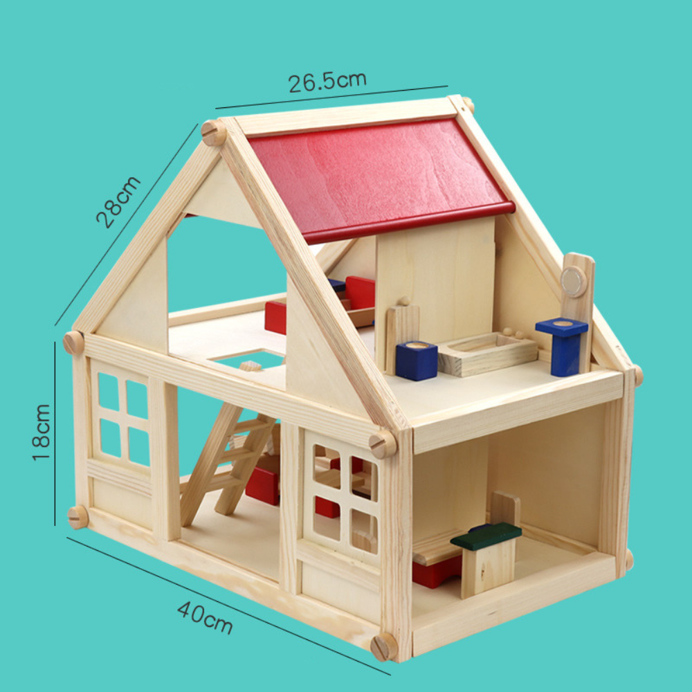 Casa de Muñecas de Madera Juguete Montessori con Mobiliario-4