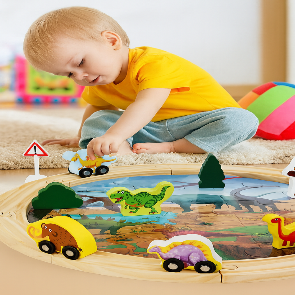 Tren Dinosaurios 2 en 1 – Puzzle y Circuito de Madera-4