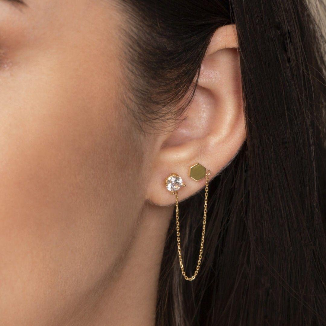 Aros Oro 18K Solitario Circón Cadena-1