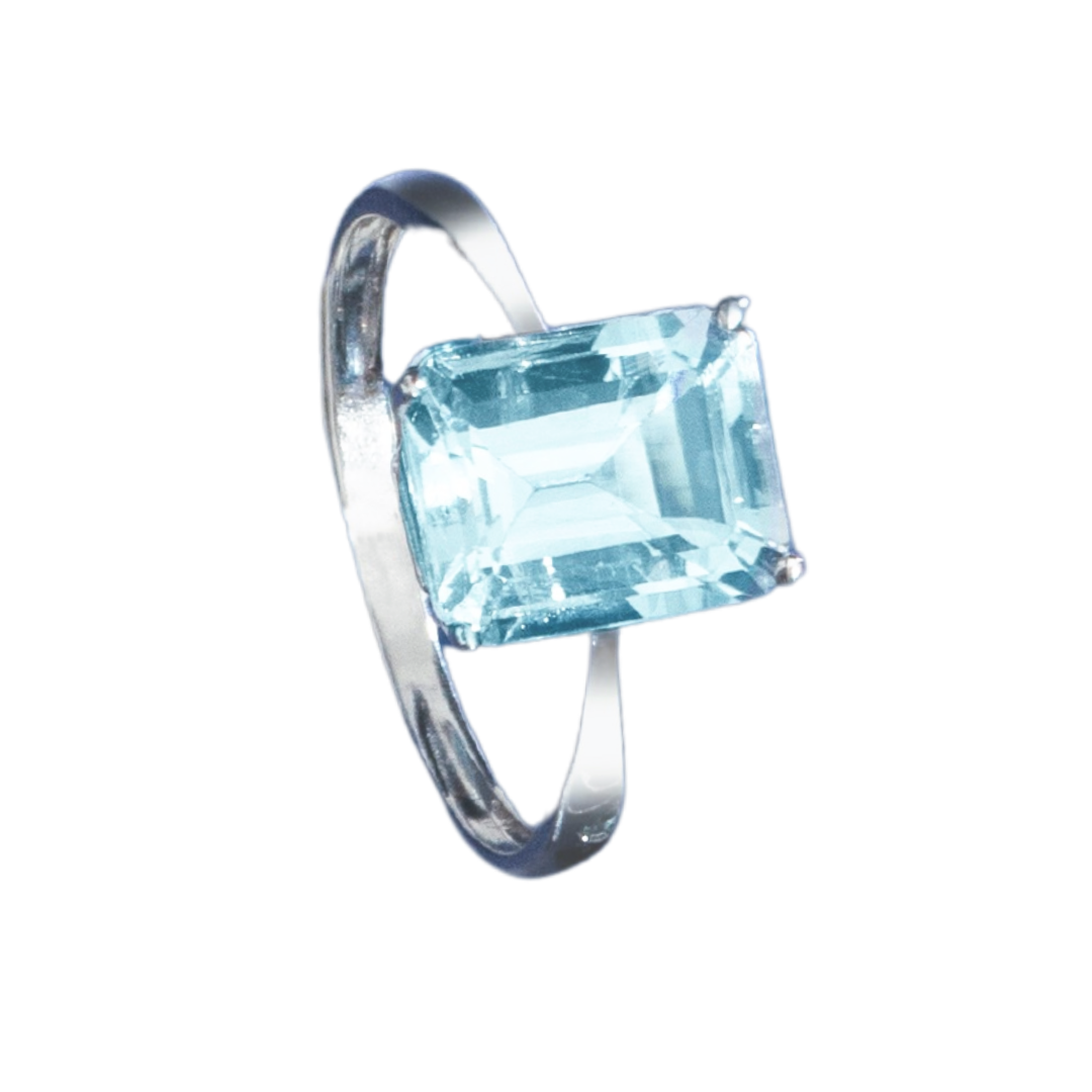 Anillo Aguamarina Central De 10X8Mm En Oro Blanco 18K #13-0
