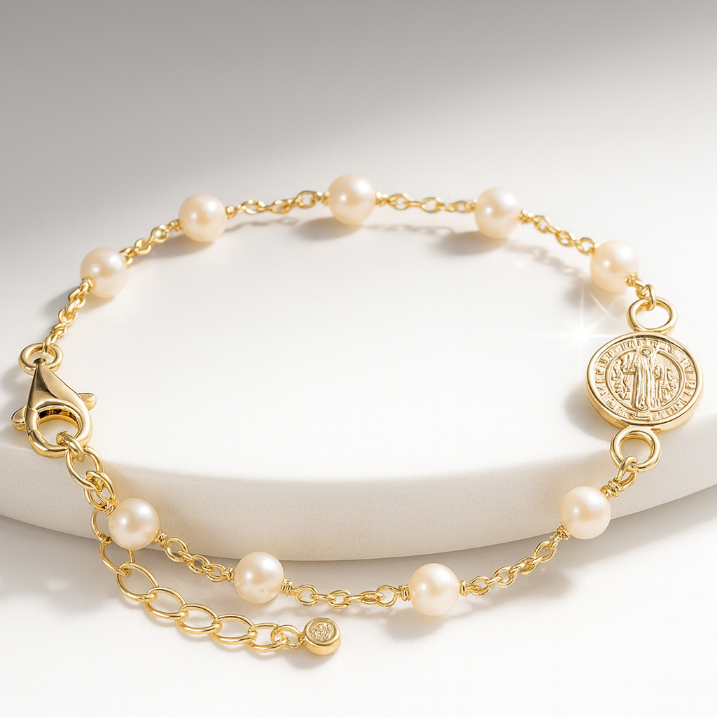 PULSERA ROSARIO PERLITAS MEDALLÓN SAN BENITO-1
