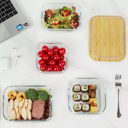 Pack4 Contenedor Frasco Vidrio Bambu Transparente Recipiente-2