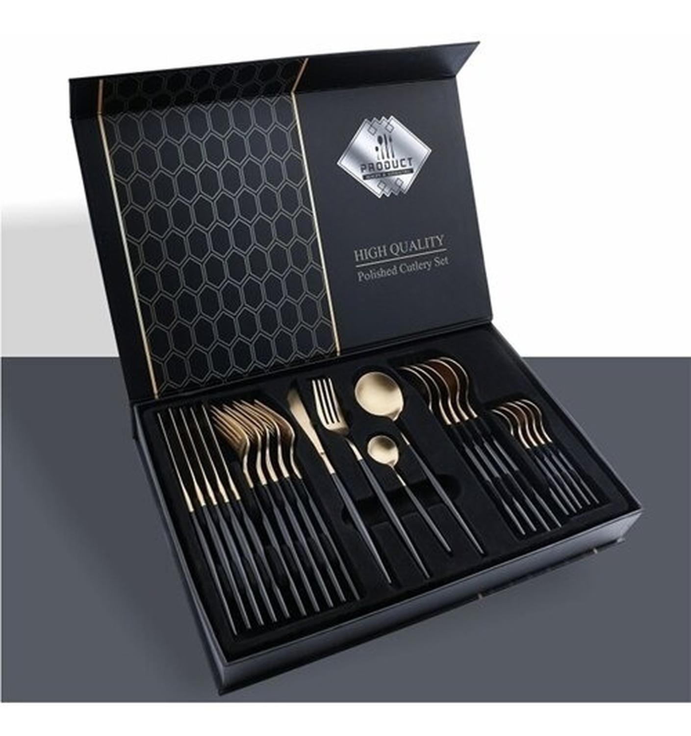 Set De Servicios Acero Inoxidables Tornasol Negro Dorado 24p NEGRO CON DORADO-0