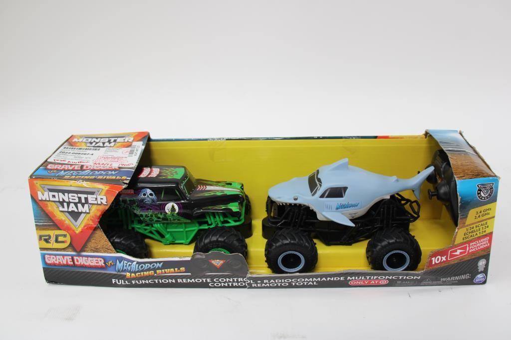 MONSTER JAM SET 2 VEHICULOS GRAVE DIGGER VS MEGALODON CON LUZ  ESCALA 1:43-4