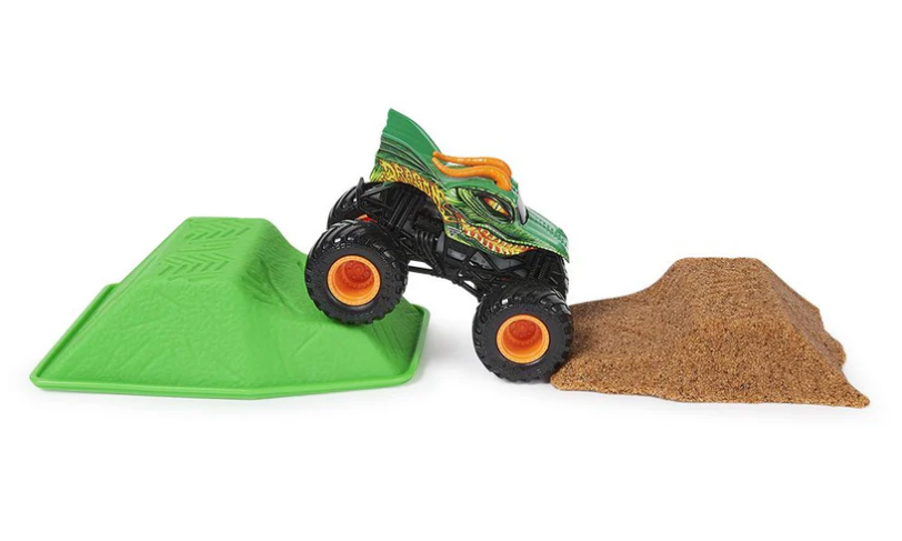 MONSTER JAM SET VEHICULO DRAGON + KINETIC SAND MONSTER DIRT ESCALA 1:64-2