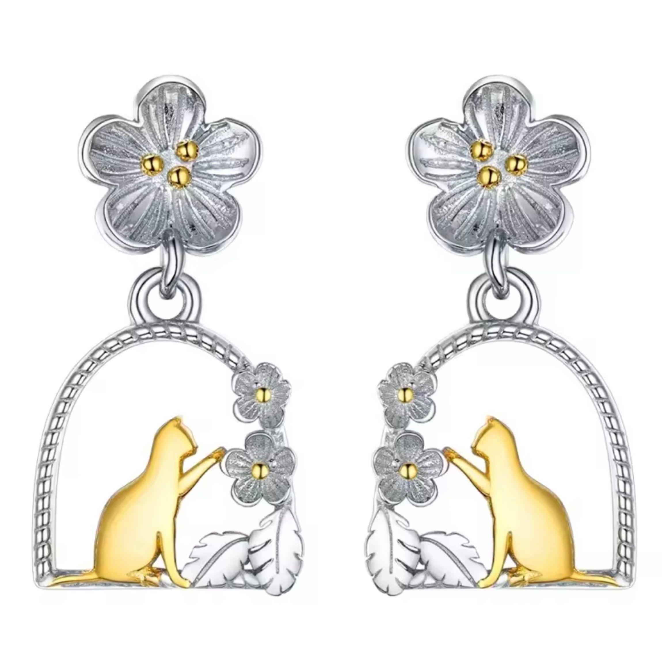 Aros Gato Flor Plata 925 Mujer Joya-0