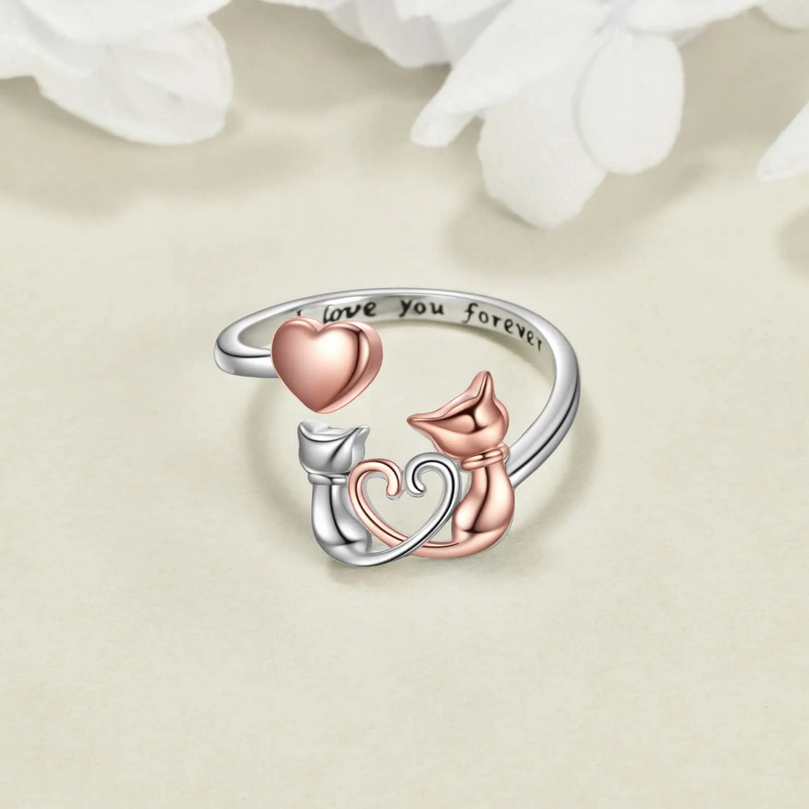 Anillo plata 925 ajustable gato corazón baño oro rosa-2