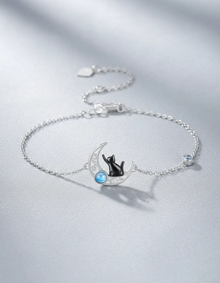Pulsera plata 925 gato piedra luna-2