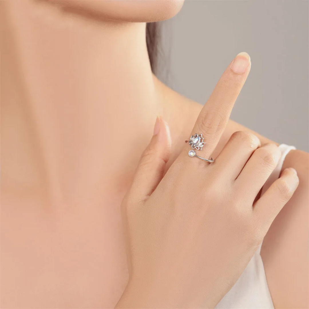 Anillo plata 925 ajustable flor de loto piedra luna-2