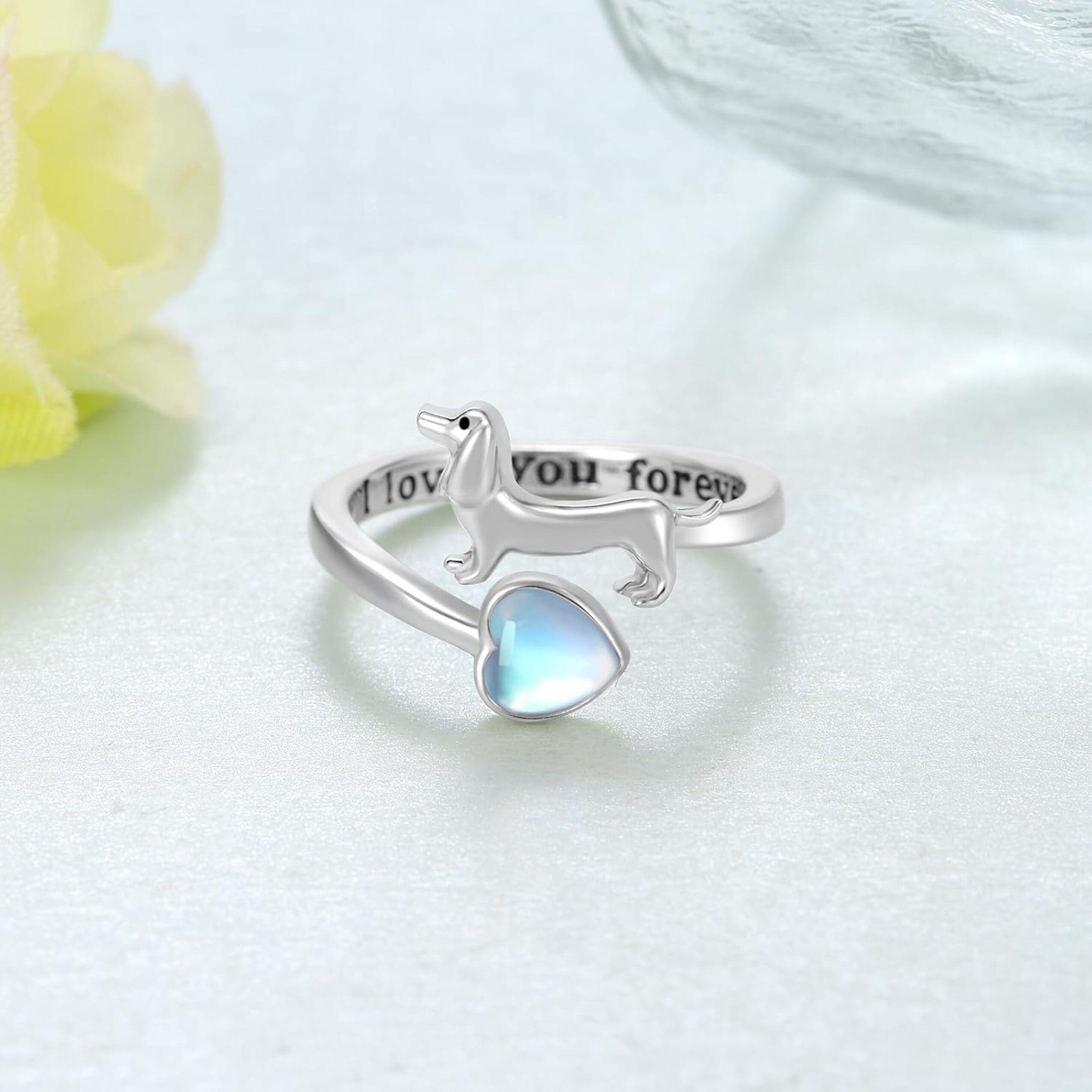 Anillo Perro Salchicha Dachshund Ajustable Plata 925 Piedra Luna-2
