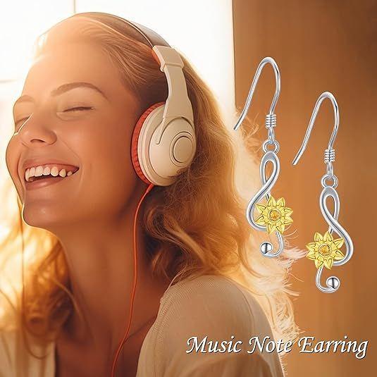 Aros Pendientes Girasol Nota Musical Sol Plata 925-4