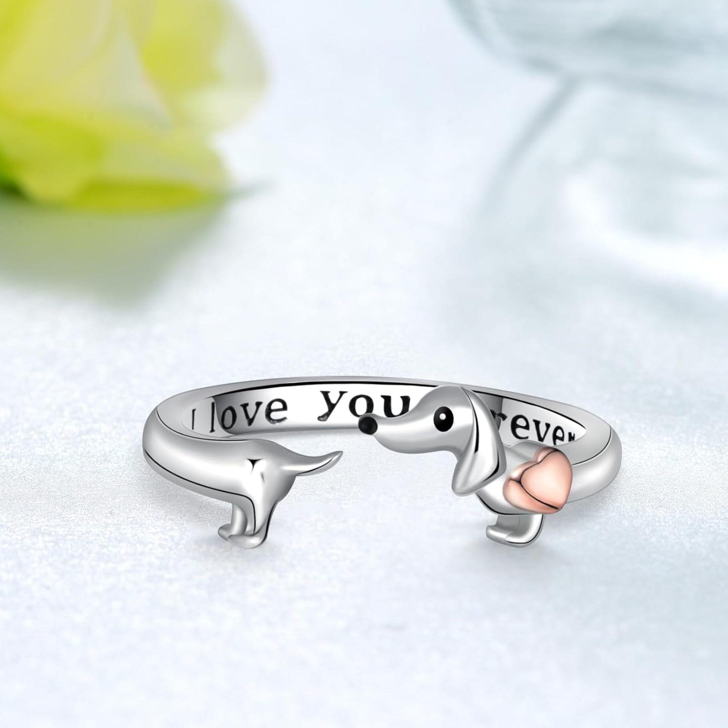 Anillo Perro Salchicha Dachshund Ajustable Plata 925 Corazón Oro Rosa -2