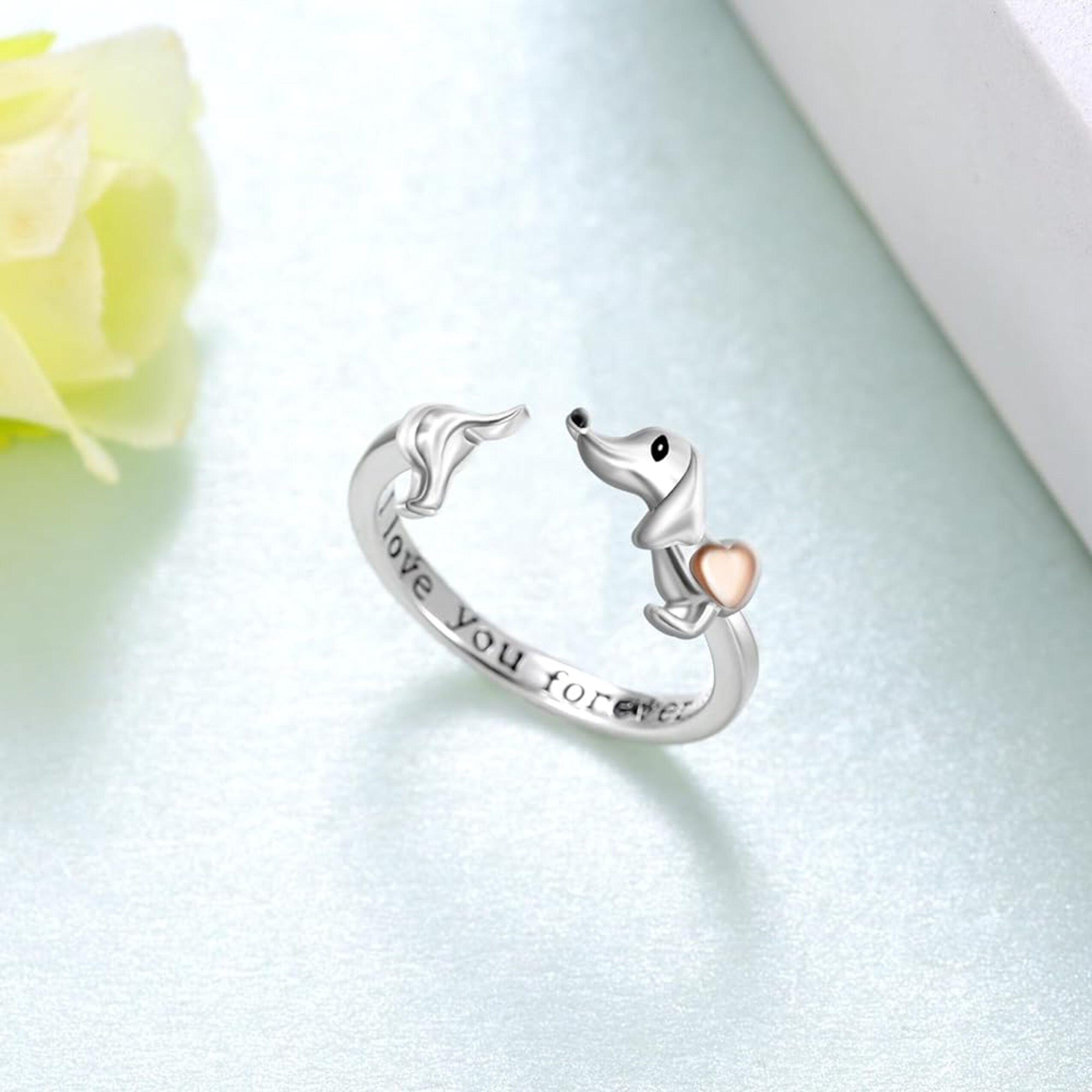 Anillo Perro Salchicha Dachshund Ajustable Plata 925 Corazón Oro Rosa -1