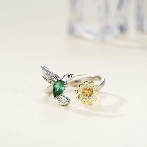 Anillo Colibrí Girasol Ajustable Plata 925-2