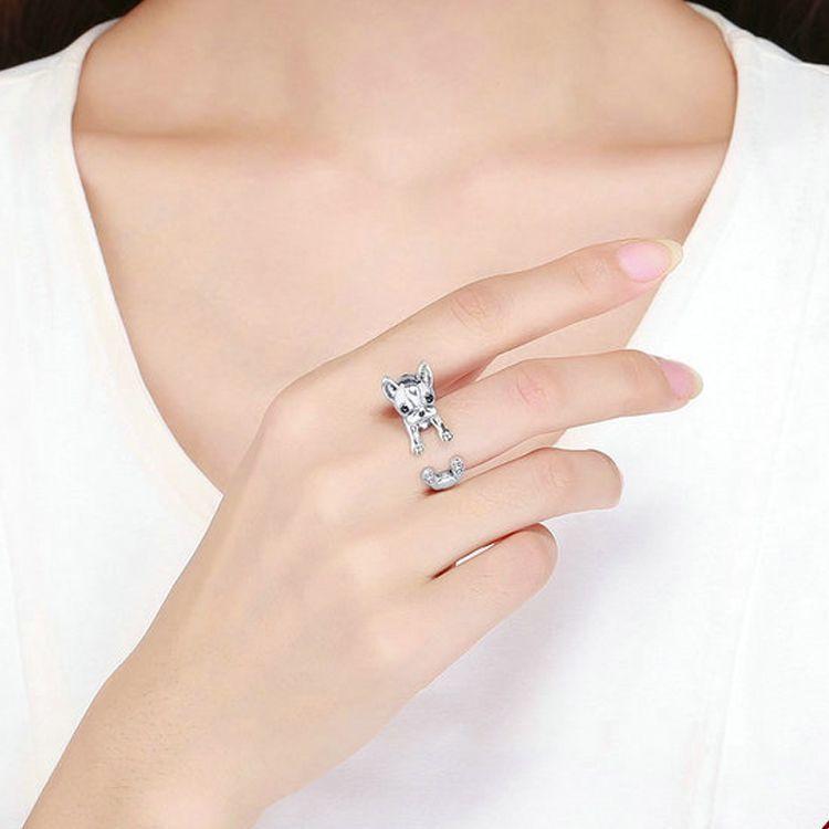 Anillo Ajustable Perro Bulldog Frances Plata 925-3