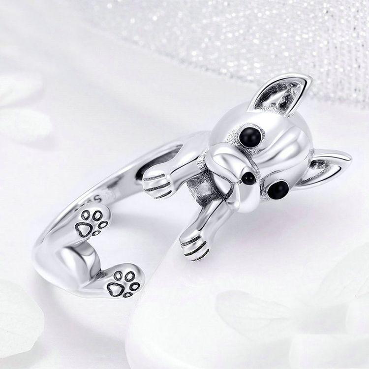 Anillo Ajustable Perro Bulldog Frances Plata 925-2
